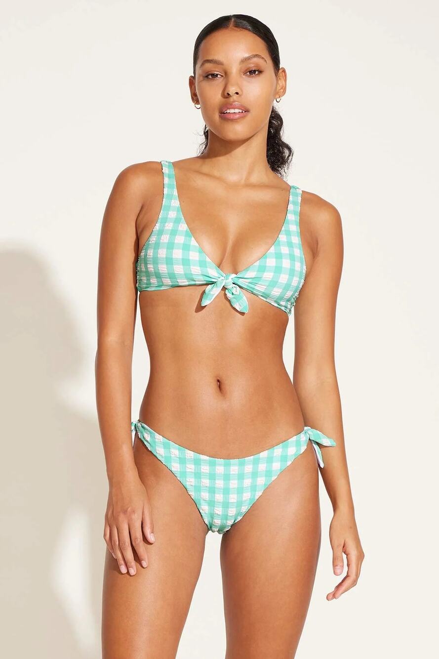 Vitamin A Lou Tie Side Seafoam Pucker Gingham Bikini Swimsuit Bottoms Size Large